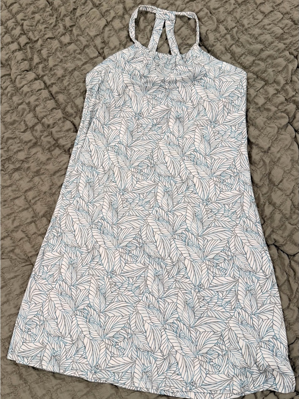 Eddie Bauer White Halter Mini Dress with Light Blue Leaf Pattern
